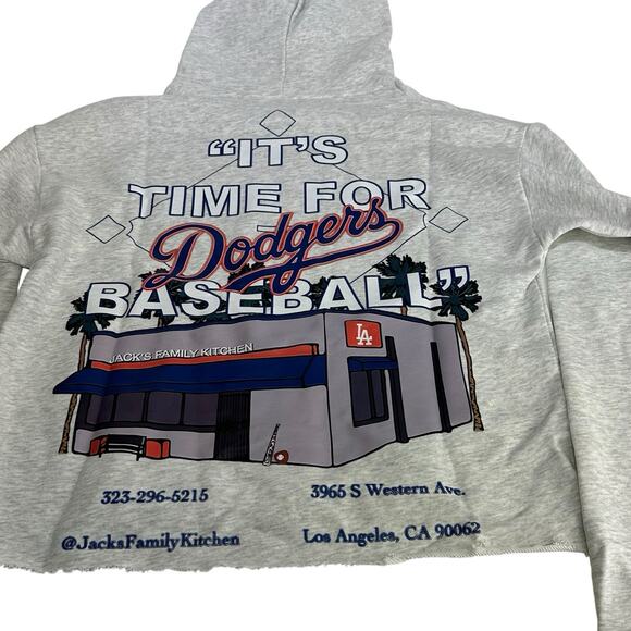 Jack’s Family Kitchen Los Angeles Baseball Cropped Hoodie Gray Raw Hem Size S - Picture 1 of 5